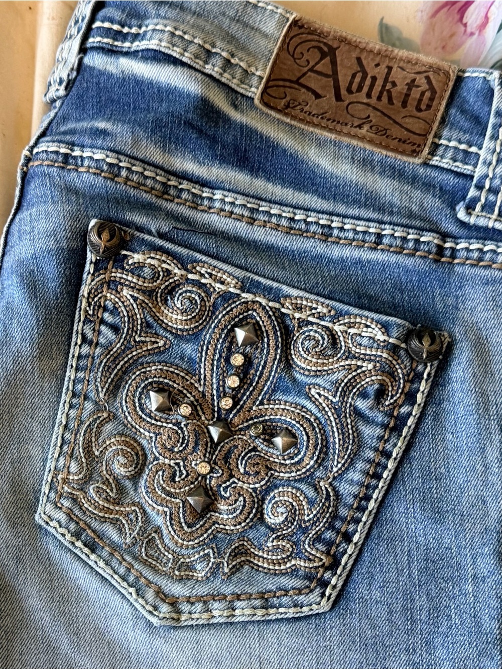 Adiktd Embellished Light Blue Denim Jeans with Studded Embroidery